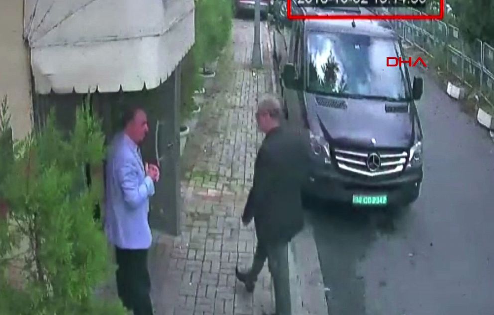 PHOTO: This video grab made on Oct. 10, 2018, from CCTV footage obtained from Turkish news agency DHA, shows Saudi journalist Jamal Khashoggi, right, arriving at the Saudi Arabian consulate in Istanbul on Oct. 2, 2018. 