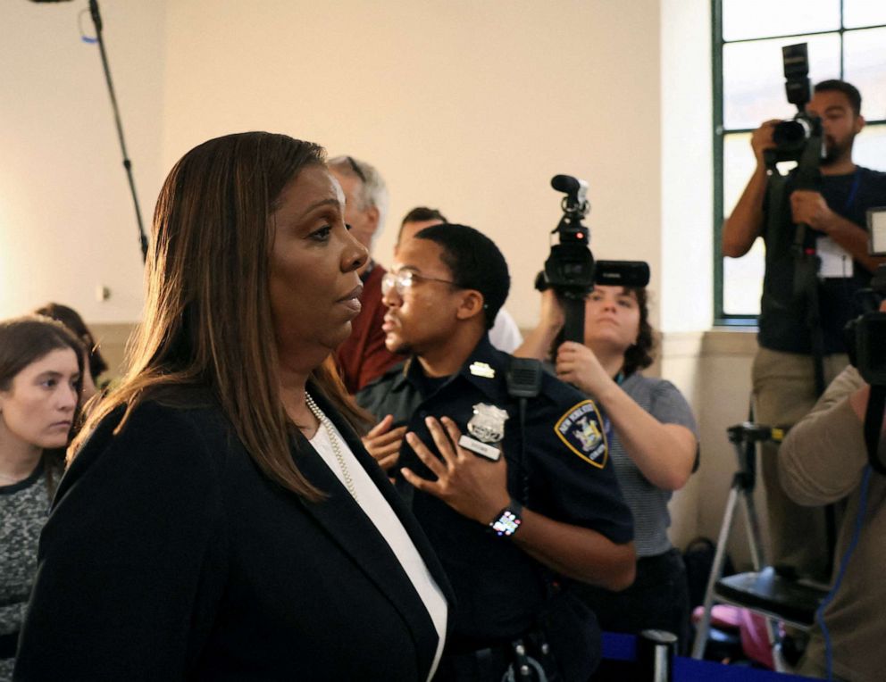 PHOTO: New York Attorney General Letitia James arrives at a Manhattan courthouse, for the trial of Former President Donald Trump, his adult sons, the Trump Organization and others in a civil fraud case, in New York City, Oct. 2, 2023.