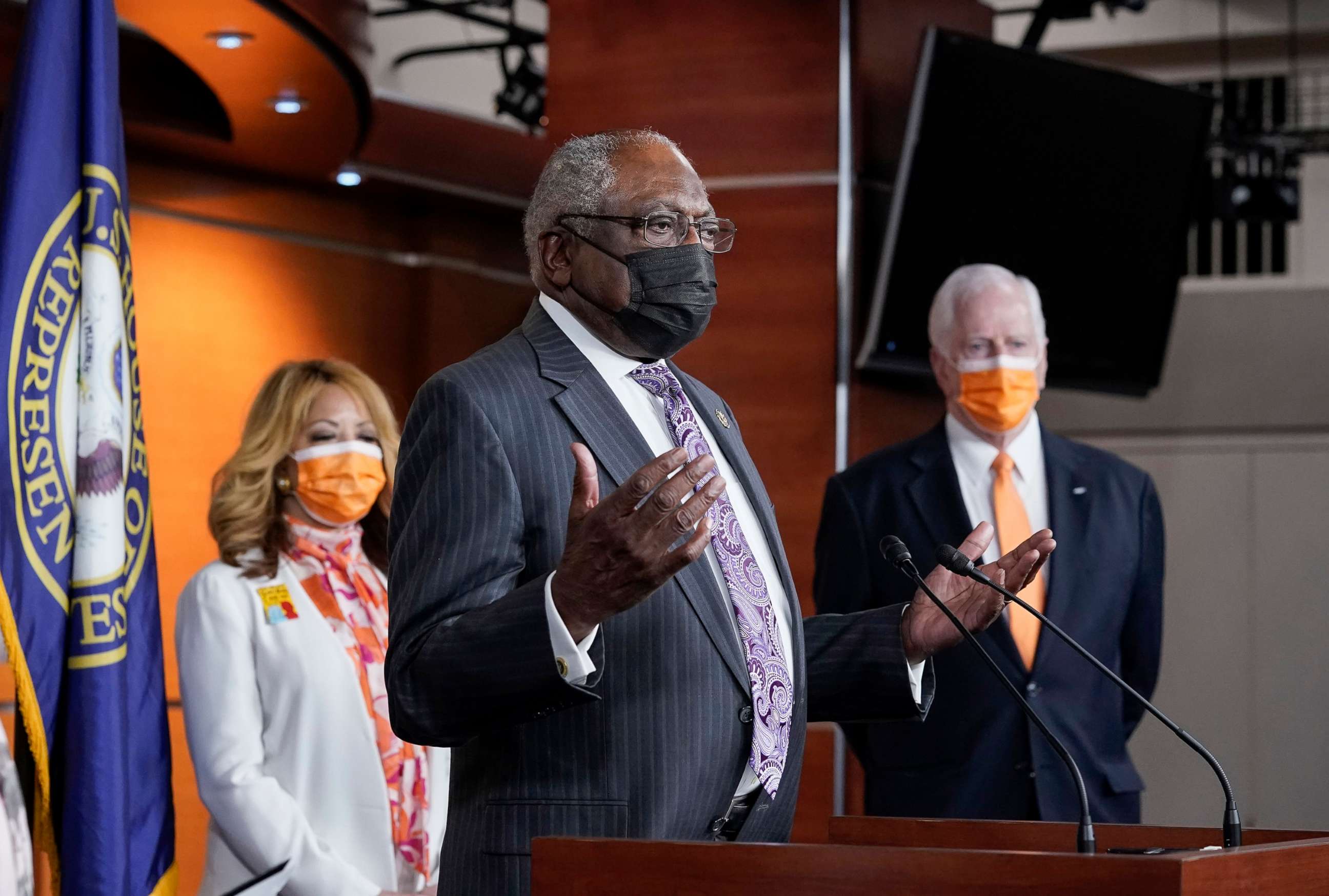 PHOTO: House Majority Whip James Clyburn, with Rep. Lucy McBath and Rep. Mike Thompson, chairman of the House Gun Violence Prevention Task Force, speaks a news conference on passage of gun violence prevention legislation in Washington, March 11, 2021.