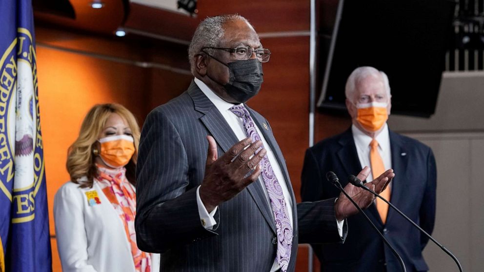 PHOTO: House Majority Whip James Clyburn, with Rep. Lucy McBath and Rep. Mike Thompson, chairman of the House Gun Violence Prevention Task Force, speaks a news conference on passage of gun violence prevention legislation in Washington, March 11, 2021.