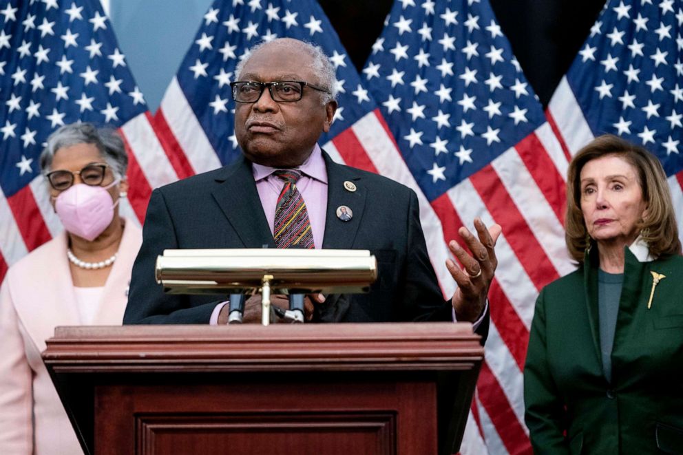 PHOTO: House Majority Whip James Clyburn, D-S.C., addresses reporters during a news conference to unveil the Joseph H. Rainey Room at the U.S. Capitol in Washington, Feb. 3, 2022.