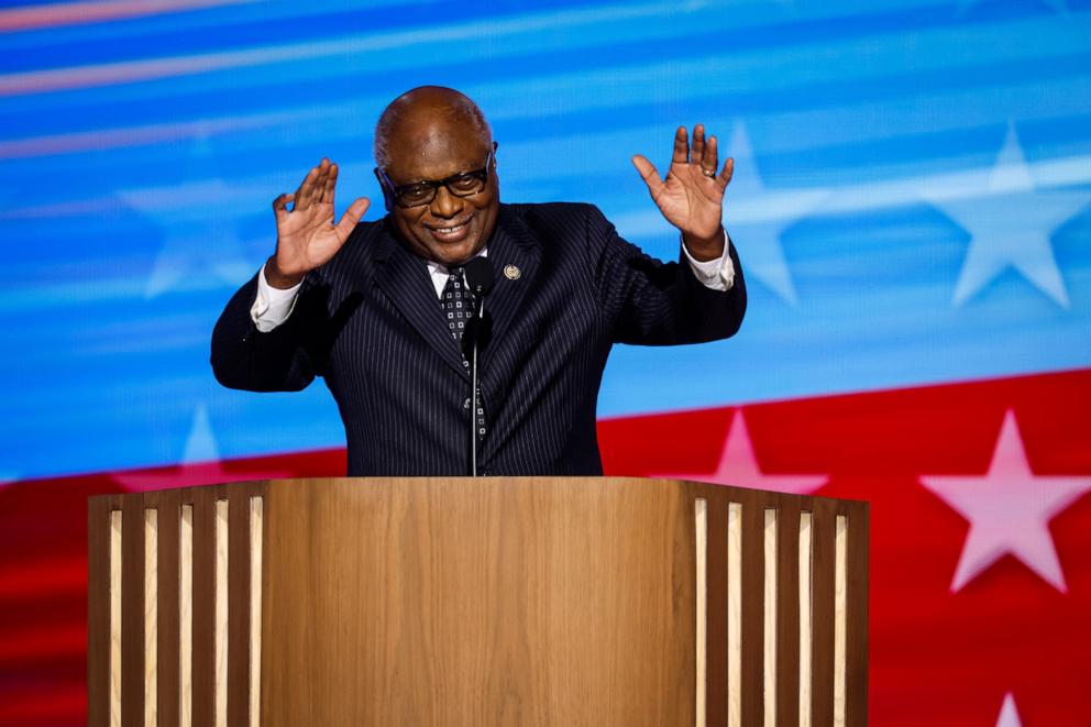 PHOTO: Rep. James Clyburn speaks onstage during the first day of the Democratic National Convention at the United Center on Aug. 19, 2024 in Chicago.