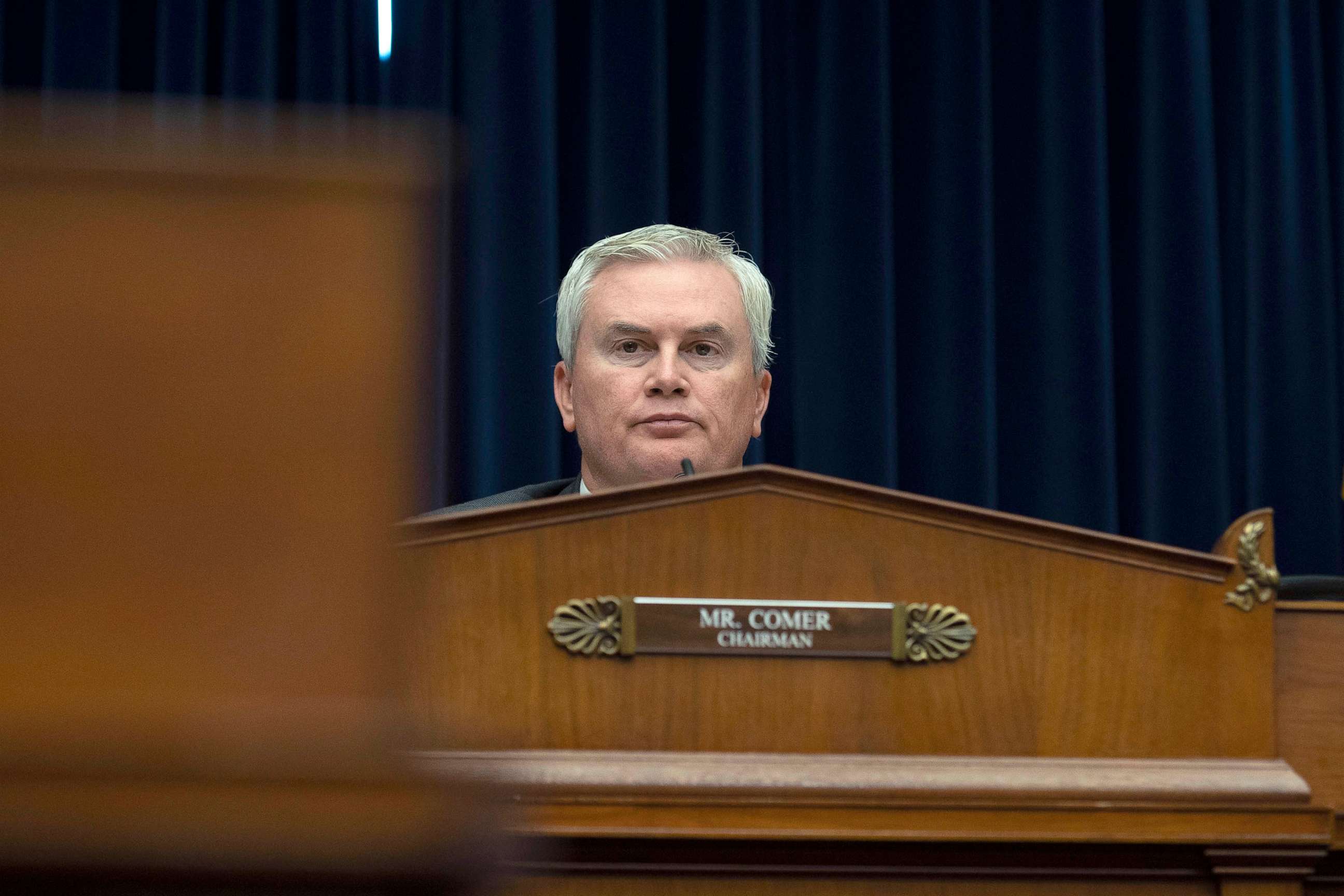 PHOTO: House Oversight and Accountability Committee Chairman Rep. James Comer listens to a witness during the committee's hearing about Congressional oversight of D.C., on Capitol Hill, in Washington, D.C., on March 29, 2023.