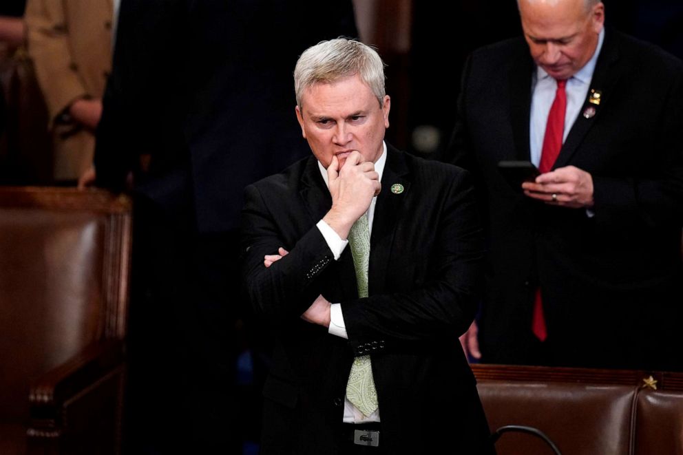 PHOTO: Rep. James Comer stands to nominate Rep. Kevin McCarthy, R-Calif., for a 13th round of voting in the House chamber as the House meets for the fourth day to elect a speaker and convene the 118th Congress in Washington, Jan. 6, 2023.