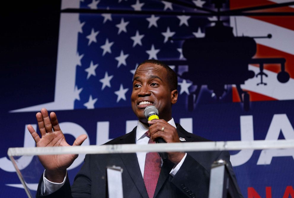 PHOTO: John James, Michigan GOP Senate candidate, speaks at an election night event after winning his primary election at his business James Group International,  Aug. 7, 2018, in Detroit.