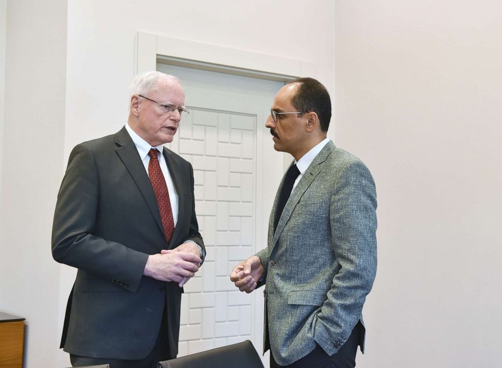 PHOTO: Turkish Presidential Spokesman Ibrahim Kalin (R) meets U.S. Special Representative for Syria James Jeffrey (L) in Ankara, Turkey on July 24, 2019.