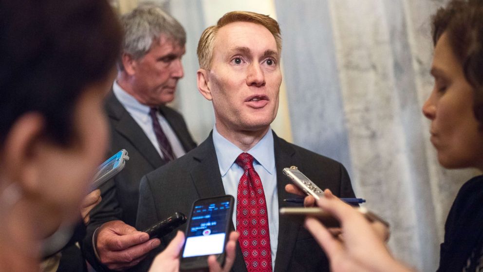 PHOTO: Sen. James Lankford talks with reporters after the Senate Policy luncheons in the Capitol in Washington, July 17, 2018.
