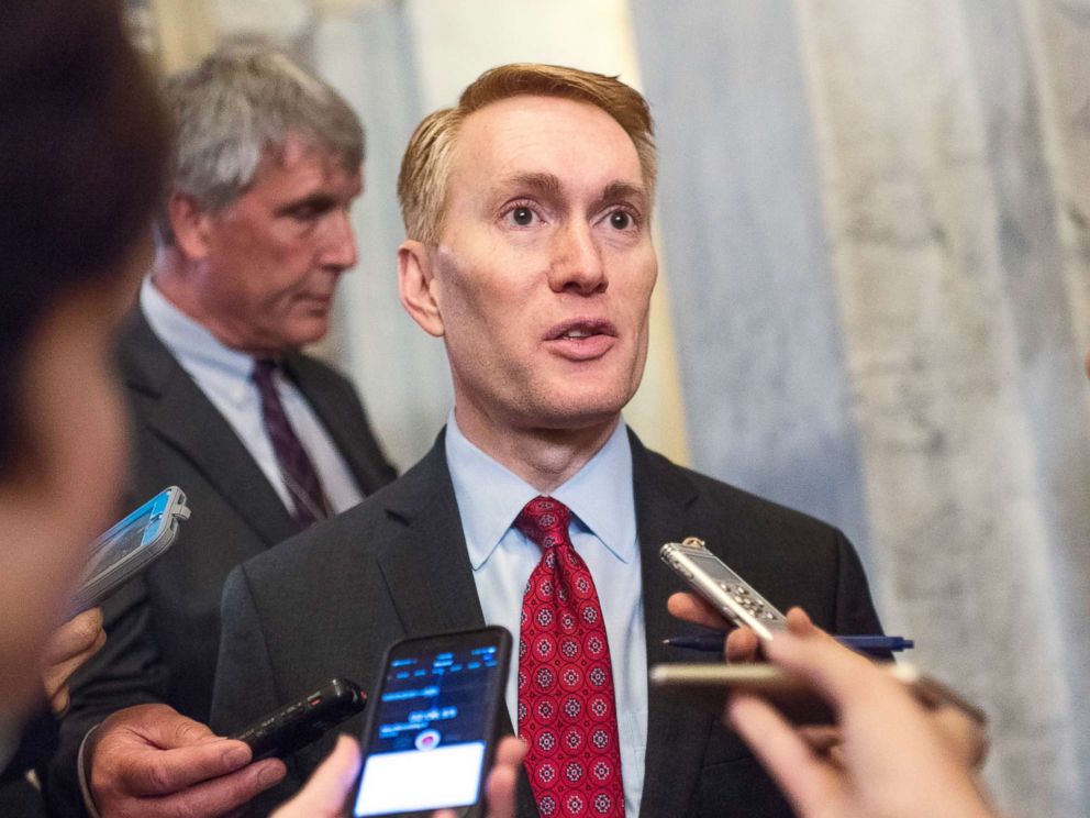 PHOTO: Sen. James Lankford talks with reporters after the Senate Policy luncheons in the Capitol in Washington, July 17, 2018.