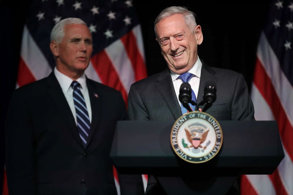 PHOTO: Defense Secretary James Mattis introduces Vice President Mike Pence before he announces the Trump Administration's plan to create the U.S. Space Force by 2020 at the Pentagon, Aug. 9, 2018, in Arlington, Virginia.