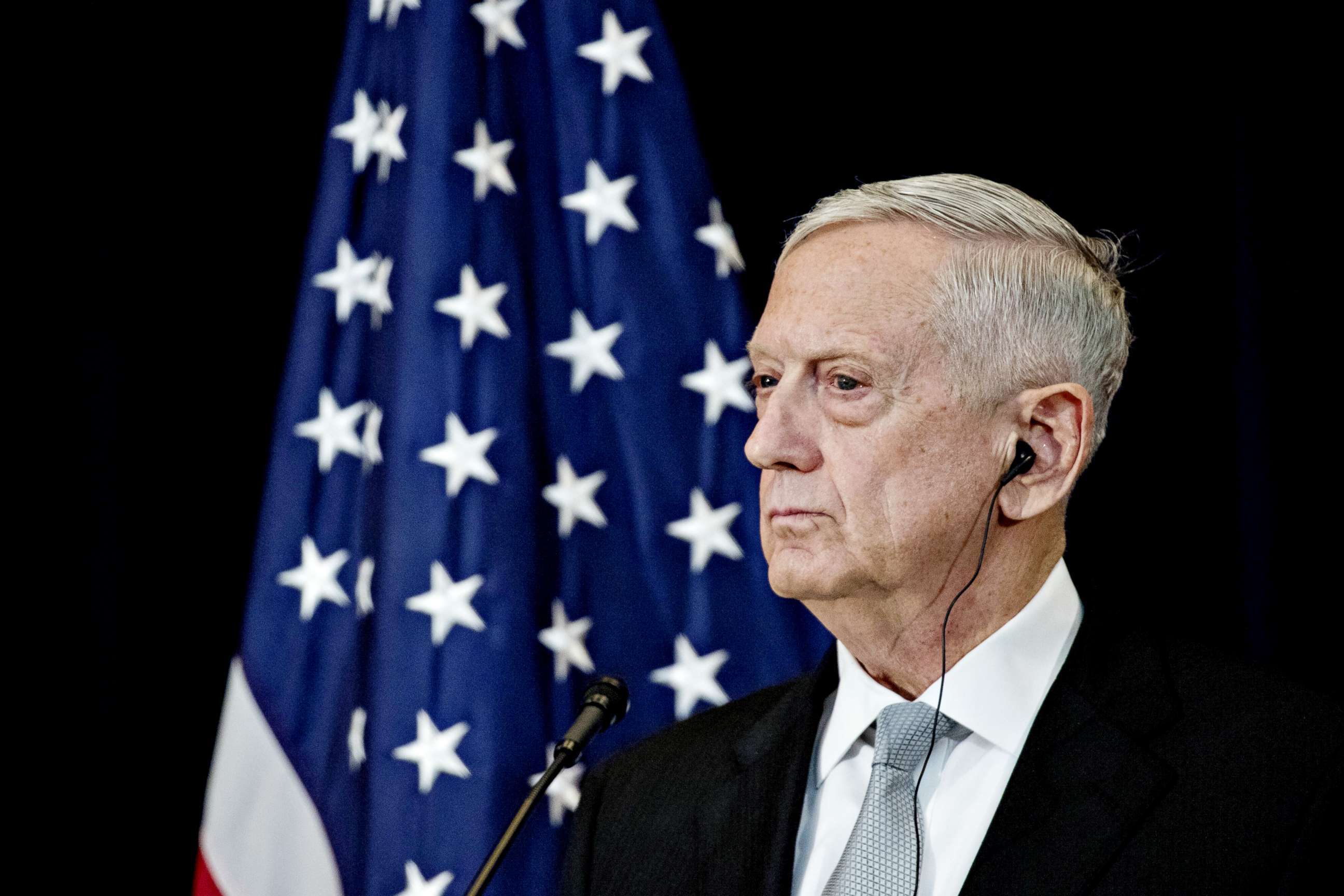 PHOTO: James Mattis, U.S. secretary of defense, listens at a news conference at the State Department in Washington, D.C.,  Aug. 17, 2017.  