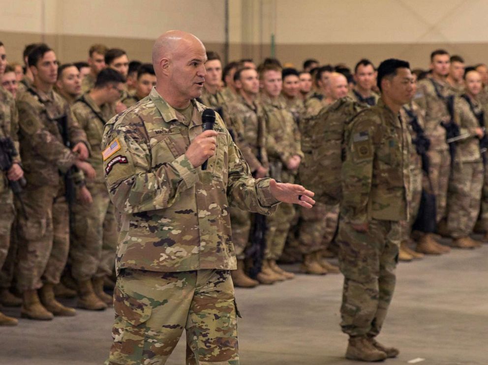 PHOTO: Maj. Gen. James Mingus, the 82nd Airborne Division commanding general, speaks to Paratroopers assigned to 1st Brigade Combat Team, 82nd Airborne Division and their families during a redeployment ceremony at Fort Bragg, N.C., Feb. 20, 2020. 