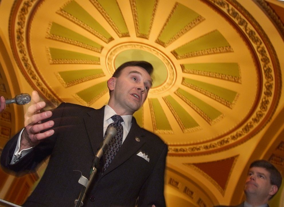 PHOTO: Rep. and impeachment manager James Rogan, R-Ca., briefs reporters after taking a short break during the 6th day of Senate impeachment trial proceedings against President Bill Clinton in Washington, Jan. 21, 1999. 