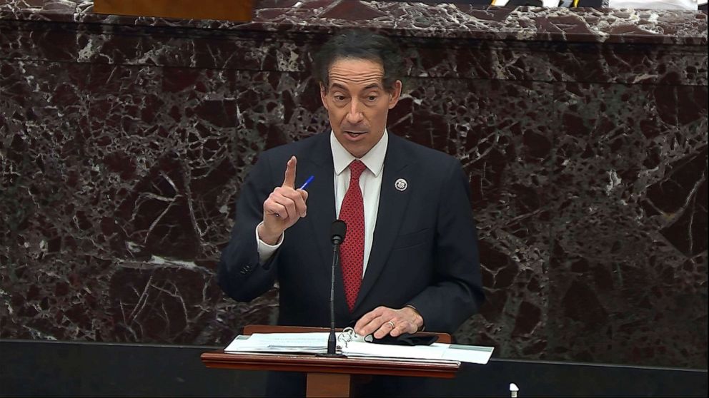 PHOTO: In this image from video, House impeachment manager Rep. Jamie Raskin speaks during the second impeachment trial of former President Donald Trump in the Senate at the U.S. Capitol in Washington, D.C., Feb. 9, 2021.