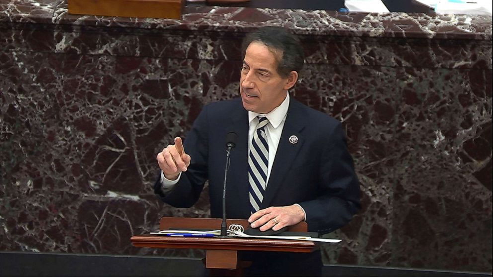 PHOTO: In this image from video, House impeachment manager Rep. Jamie Raskin speaks during the second impeachment trial of former President Donald Trump in the Senate at the U.S. Capitol in Washington, D.C., Feb. 11, 2021. 