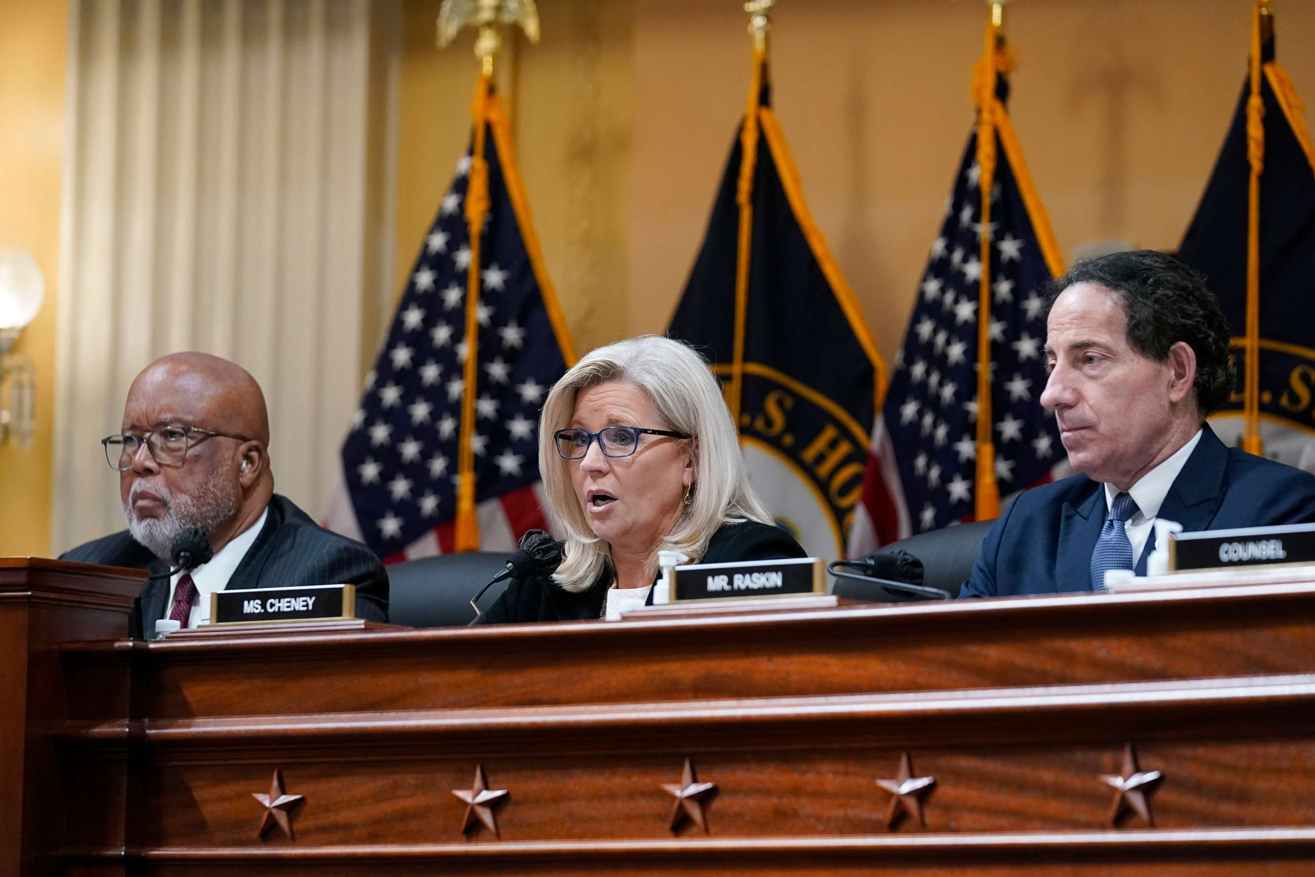 PHOTO: Vice Chair Liz Cheney speaks as the House select committee investigating the Jan. 6 attack on the U.S. Capitol holds a hearing at the Capitol in Washington, D.C., July 12, 2022. Chairman Bennie Thompson and Rep. Jamie Raskin. 
