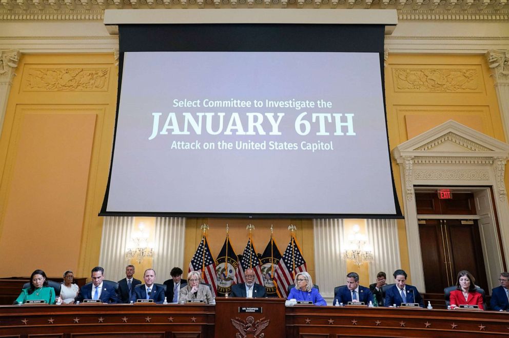 PHOTO: Chairman Bennie Thompson, center, speaks as the House select committee investigating the Jan. 6 attack on the U.S. Capitol holds its first public hearing on Capitol Hill, on June 9, 2022, in Washington, D.C.