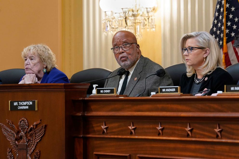 PHOTO: House Jan. 6 Select Committee Chairman Bennie Thompson, flanked by Rep. Zoe Lofgren, left, and Vice Chair Liz Cheney, meet Dec. 1, 2021, at the Capitol in Washington, D.C.