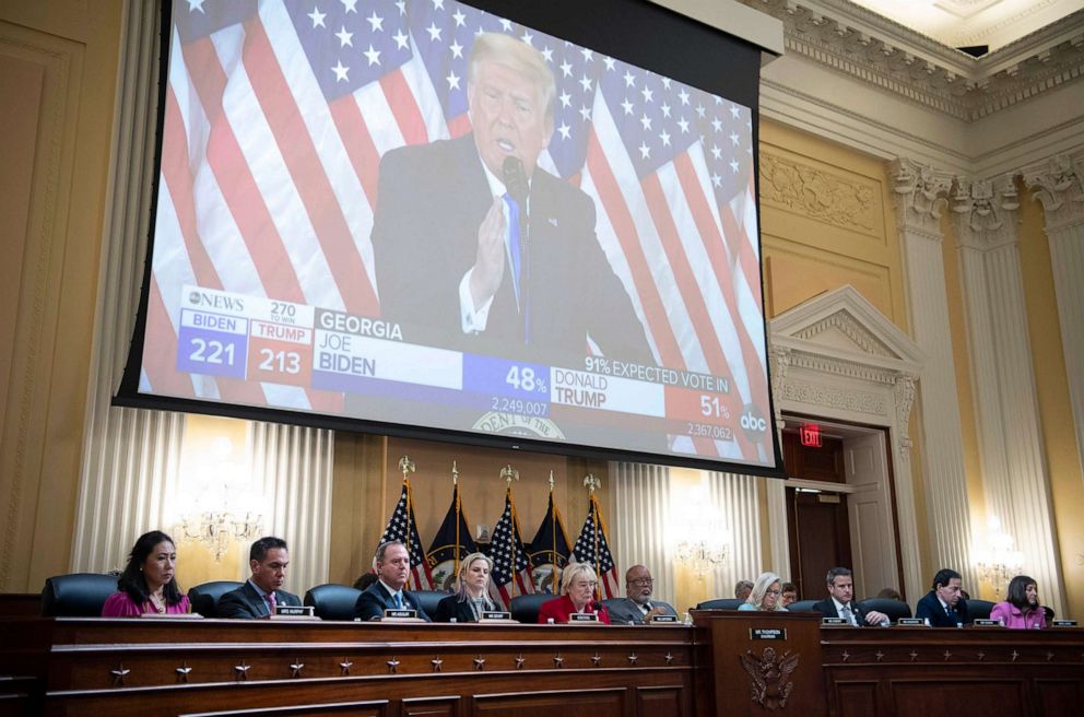 PHOTO: A clip of former President Donald Trump is played during a hearing of the United States House Select Committee on the January 6 Attack in Washington, June 13, 2022.