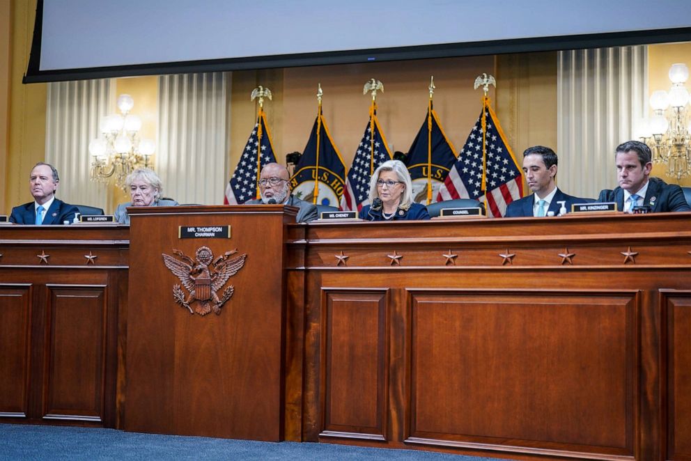 PHOTO: In this June 28, 2022, file photo, the Jan. 6 select committee holds a public hearing on Capitol Hill in Washington, D.C.
