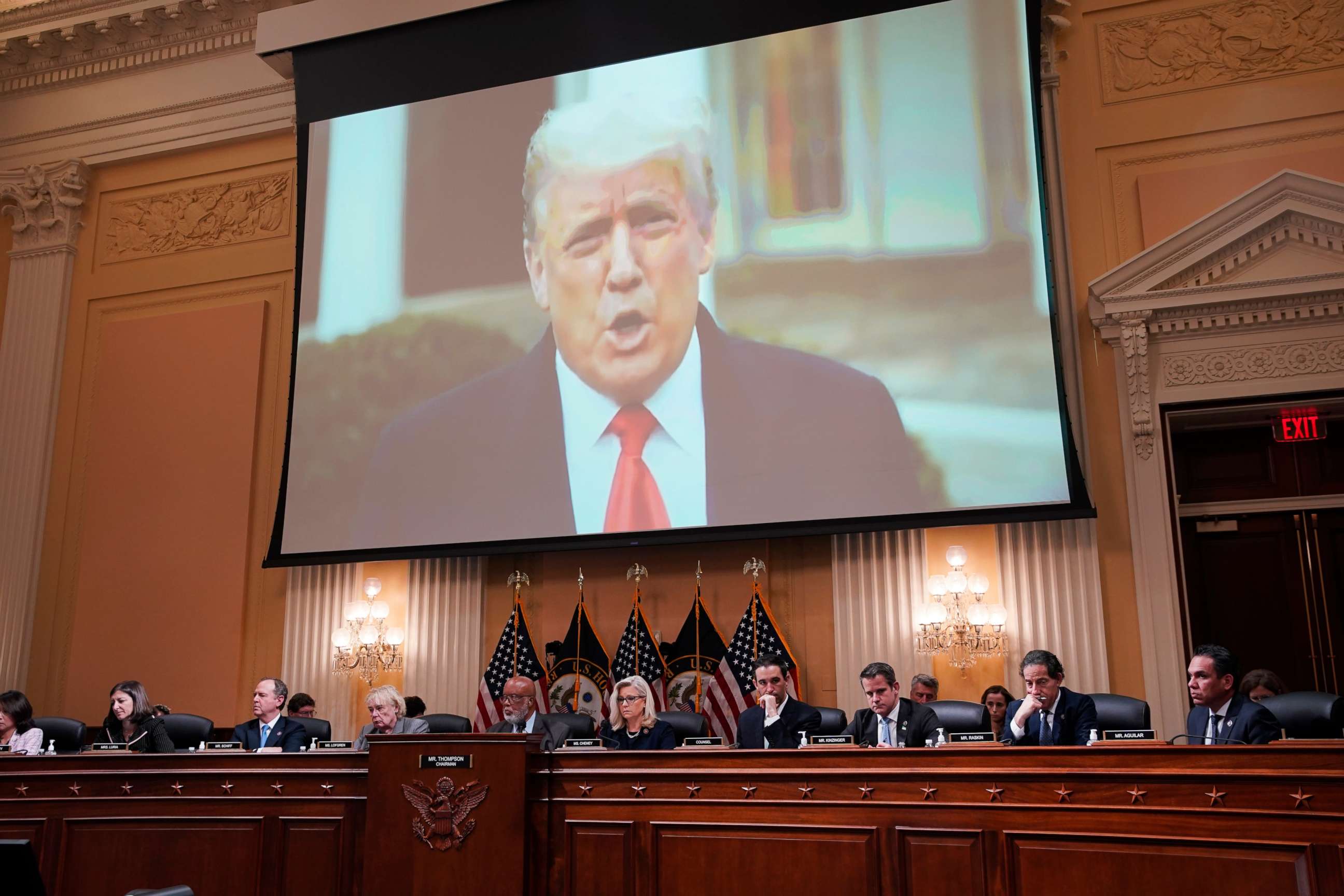 PHOTO: A video of former US President Donald Trump displayed on a screen during a hearing of the Select Committee to Investigate the January 6th Attack on Capitol in Washington, June 28, 2022.