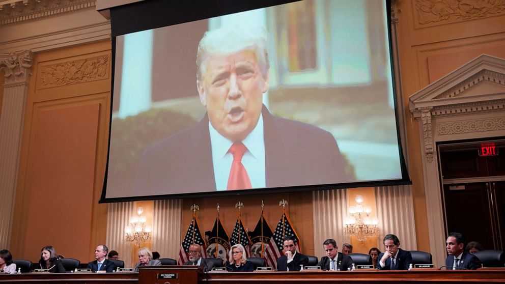 PHOTO: A video of former US President Donald Trump displayed on a screen during a hearing of the Select Committee to Investigate the January 6th Attack on Capitol in Washington, June 28, 2022.