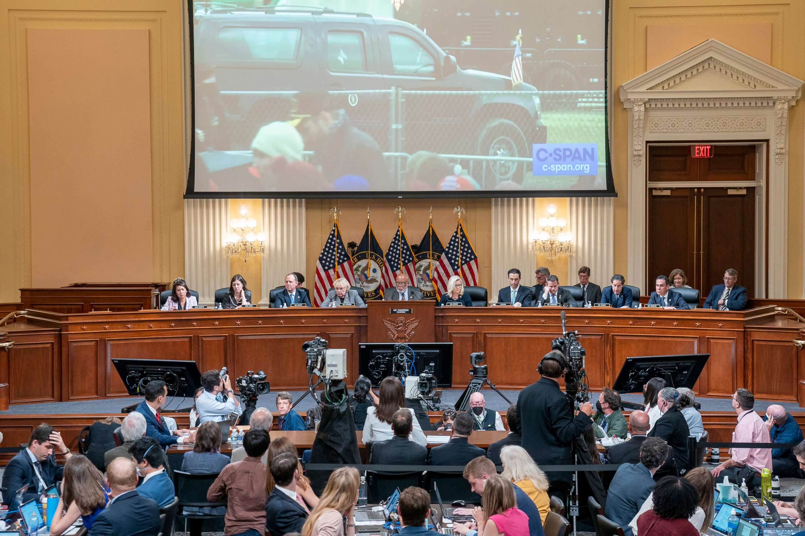 PHOTO: A video of former President Trump's motorcade leaving the January 6th rally on the Ellipse is displayed during the sixth hearing held by the Select Committee to Investigate the January 6th Attack on the U.S. Capitol in Washington, June 28, 2022.