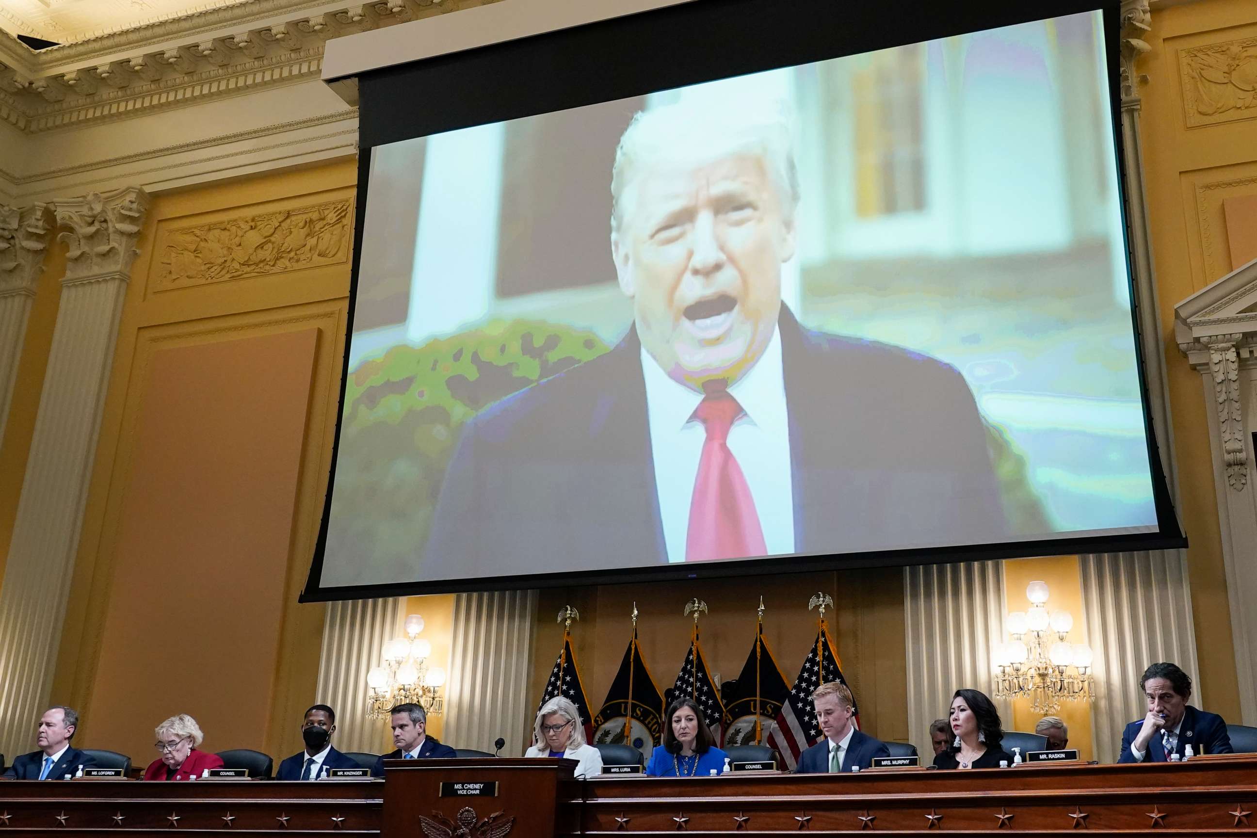 PHOTO: A video of President Donald Trump is shown on a screen, as the House select committee investigating the Jan. 6 attack on the U.S. Capitol holds a hearing at the Capitol in Washington, July 21, 2022.