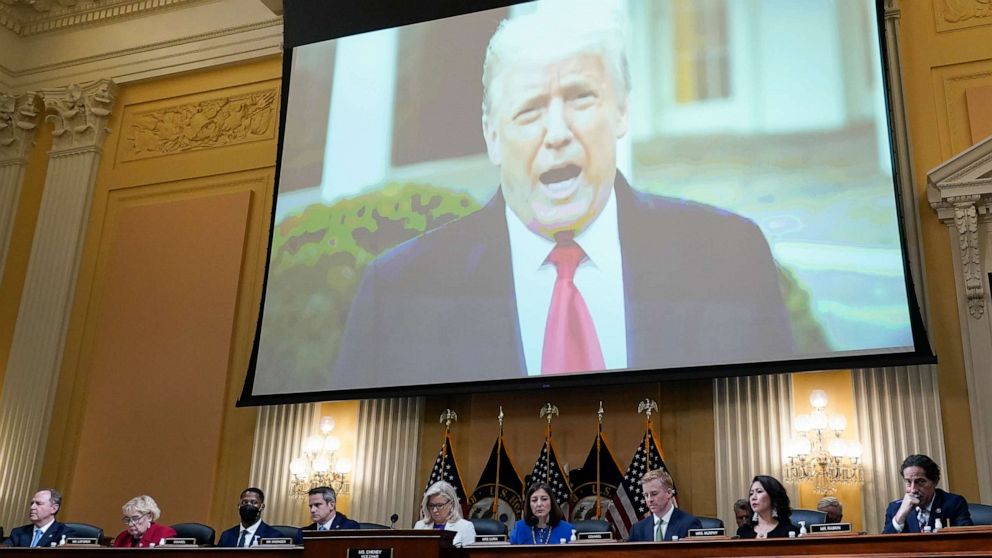 PHOTO: A video of President Donald Trump is shown on a screen, as the House select committee investigating the Jan. 6 attack on the U.S. Capitol holds a hearing at the Capitol in Washington, July 21, 2022.