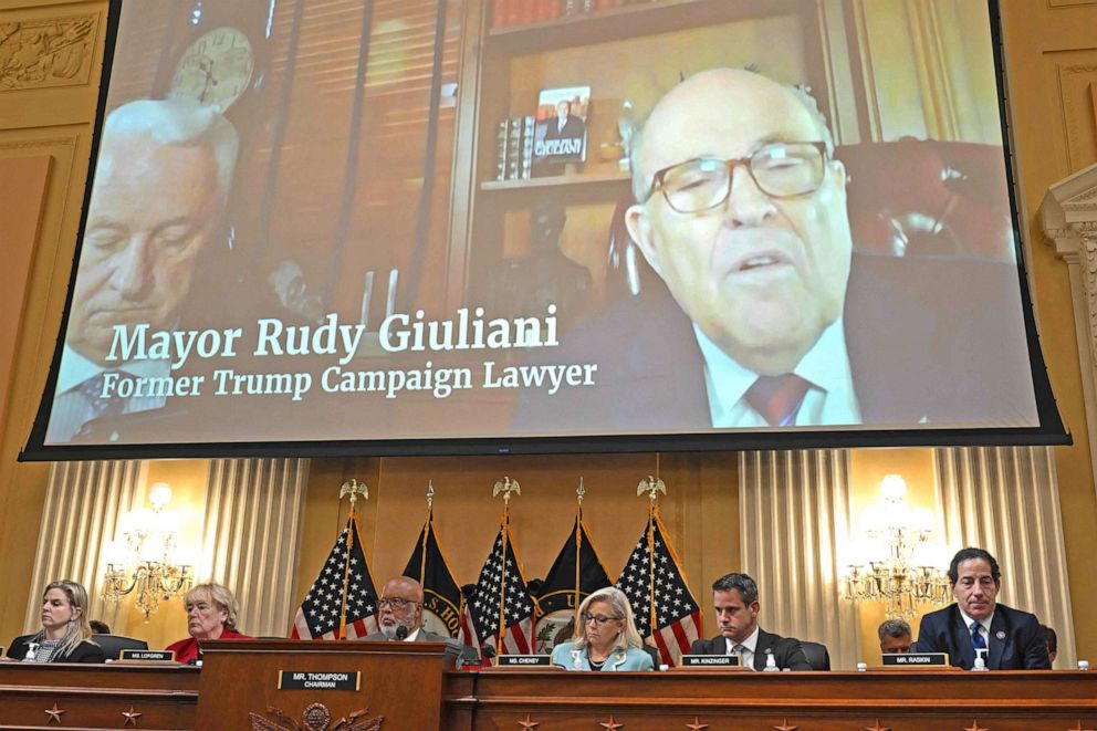 PHOTO: Former Trump campaign Lawyer Rudy Giuliani, is displayed on a screen during a hearing by the Select Committee to Investigate the January 6th Attack on the US Capitol, on June 13, 2022 in Washington, DC.