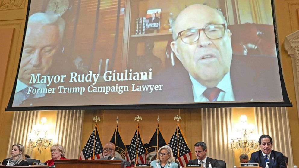 PHOTO: Former Trump campaign Lawyer Rudy Giuliani, is displayed on a screen during a hearing by the Select Committee to Investigate the January 6th Attack on the US Capitol, on June 13, 2022 in Washington, DC.