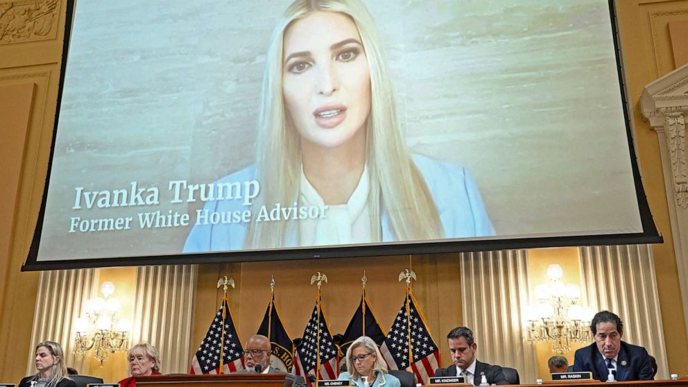 PHOTO: Ivanka Trump, the daughter of President Donald Trump, is displayed on a screen during a hearing by the Select Committee to Investigate the Jan. 6th Attack on the US Capitol on June 13, 2022 in Washington, D.C. 