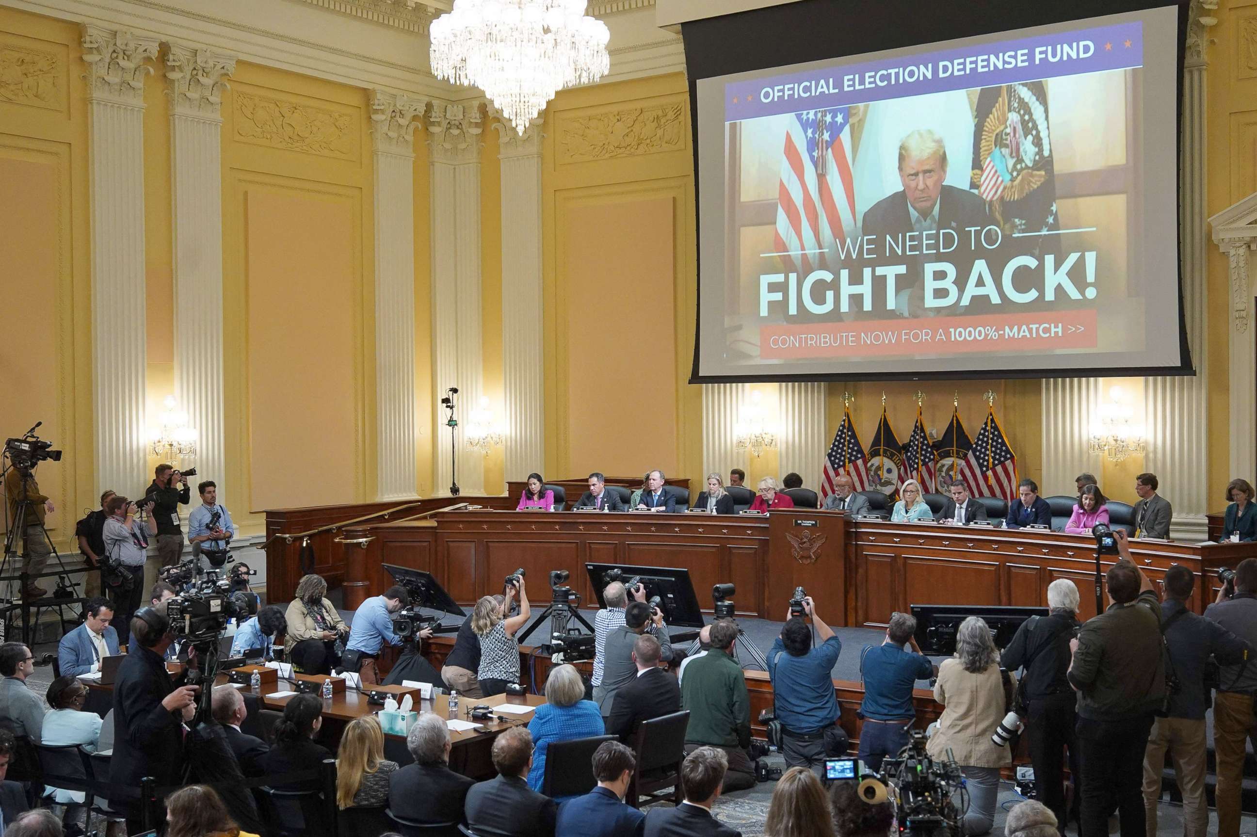 PHOTO: A video of former president Donald Trump is seen on a screen during a House Select Committee hearing to Investigate the January 6th Attack on the US Capitol, in the Cannon House Office Building on Capitol Hill in Washington, D.C. on June 13, 2022. 