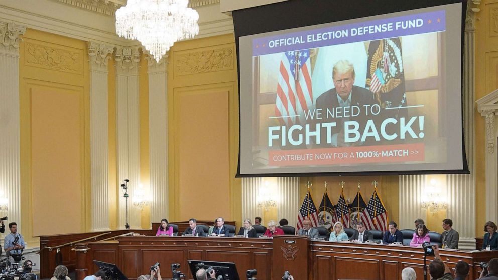 PHOTO: A video of former president Donald Trump is seen on a screen during a House Select Committee hearing to Investigate the January 6th Attack on the US Capitol, in the Cannon House Office Building on Capitol Hill in Washington, D.C. on June 13, 2022. 