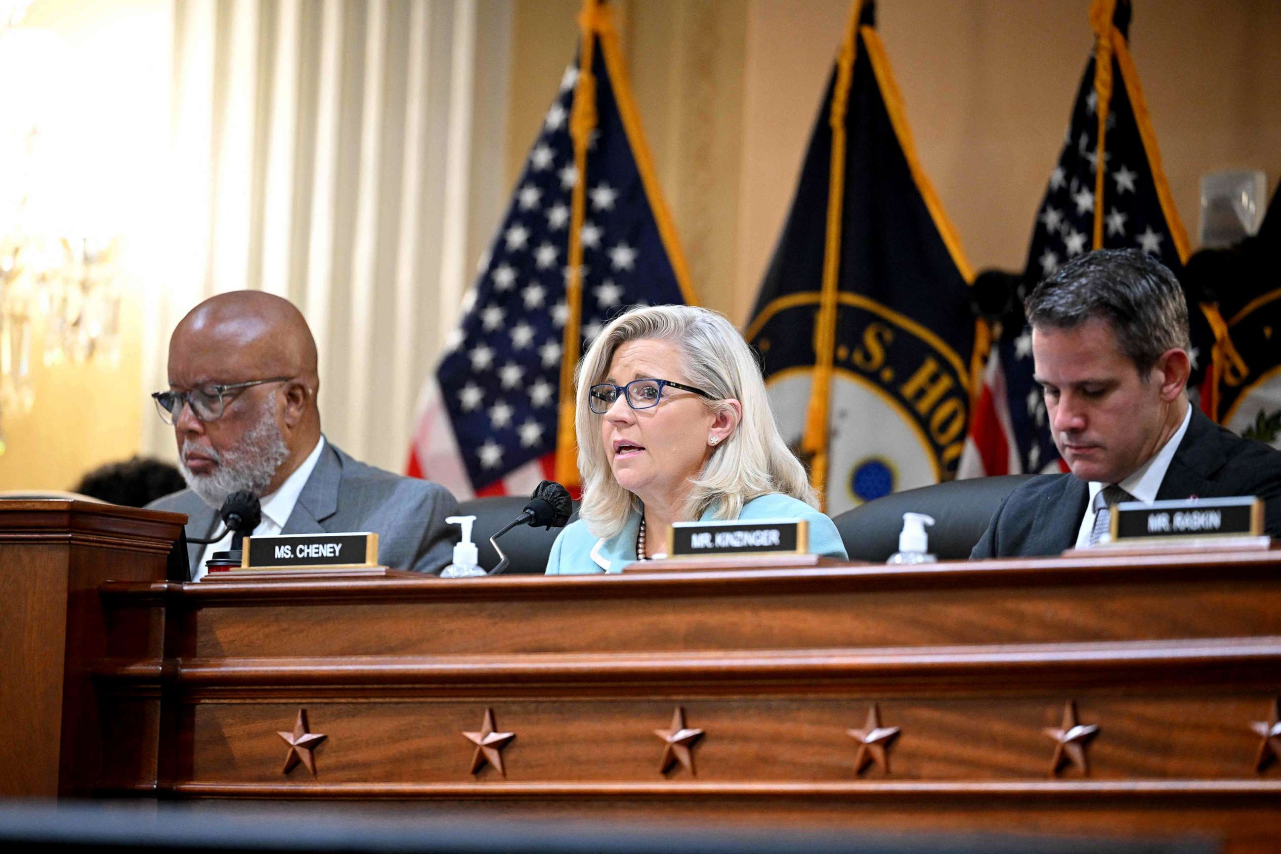 PHOTO:  Rep. Bennie Thompson, Chairman of the Select Committee to Investigate the Jan. 6th Attack on the Capitol, Vice Chairwoman Rep. Liz Cheney and Rep. Adam Kinzinger take part in a hearing on the Jan. 6th investigation on June 13, 2022 in Washington. 