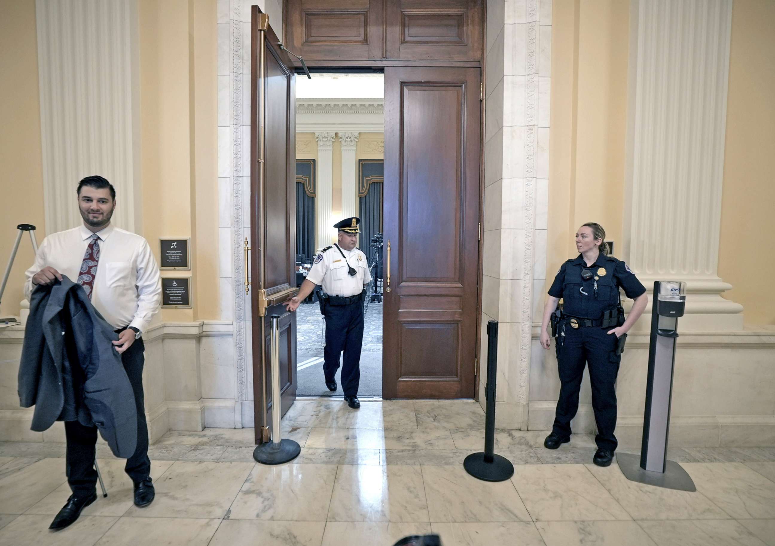 PHOTO: Capitol Police prepare to make a security sweep of the room where the House select committee investigating the Jan. 6 attack on the U.S. Capitol will hold a public hearing to discuss its findings on Capitol Hill in Washington, D.C, June 13, 2022.