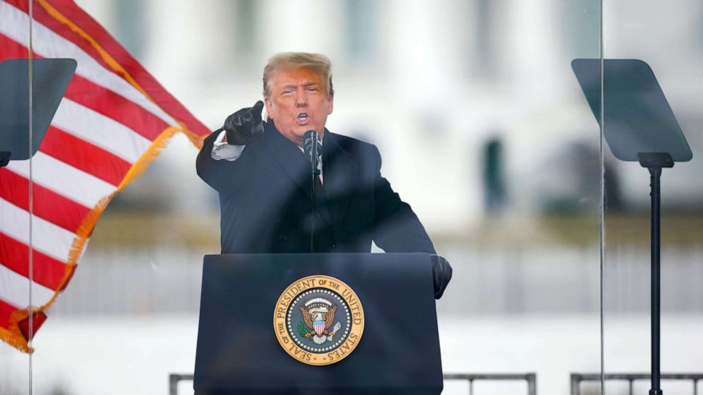 PHOTO: President Donald Trump gestures as he speaks during a rally to contest the certification of the 2020 presidential election results, in Washington, Jan. 6, 2021.