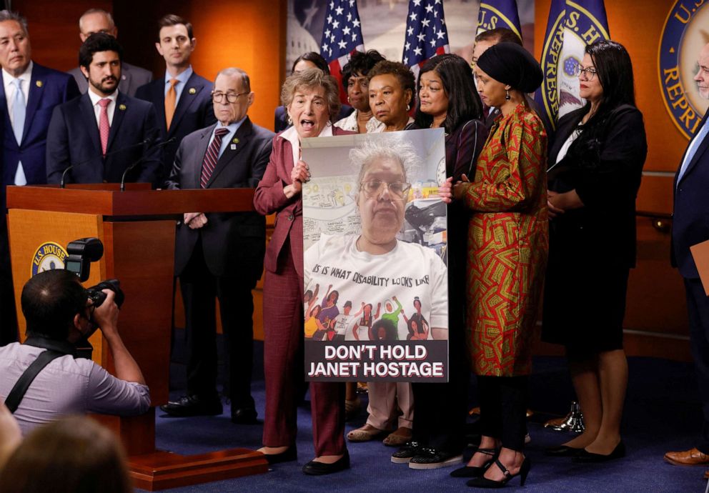 PHOTO: Rep. Jan Schakowsky holds a picture of one of her constituents during a House Progressive Caucus news conference on Capitol Hill, May 24, 2023.