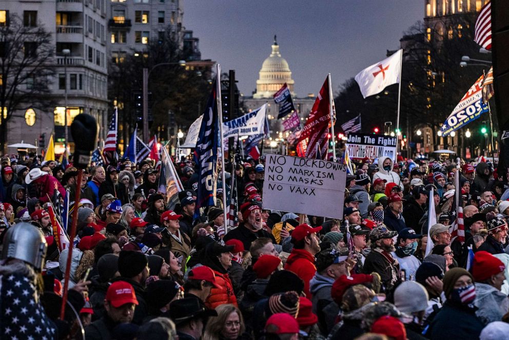 PHOTO: Supporters of President Donald Trump gather in the rain for a rally at Freedom Plaza, Jan. 5, 2021, in Washington, D.C., the day before a mob of Trump supporters stormed the Capitol following a rally with Trump.