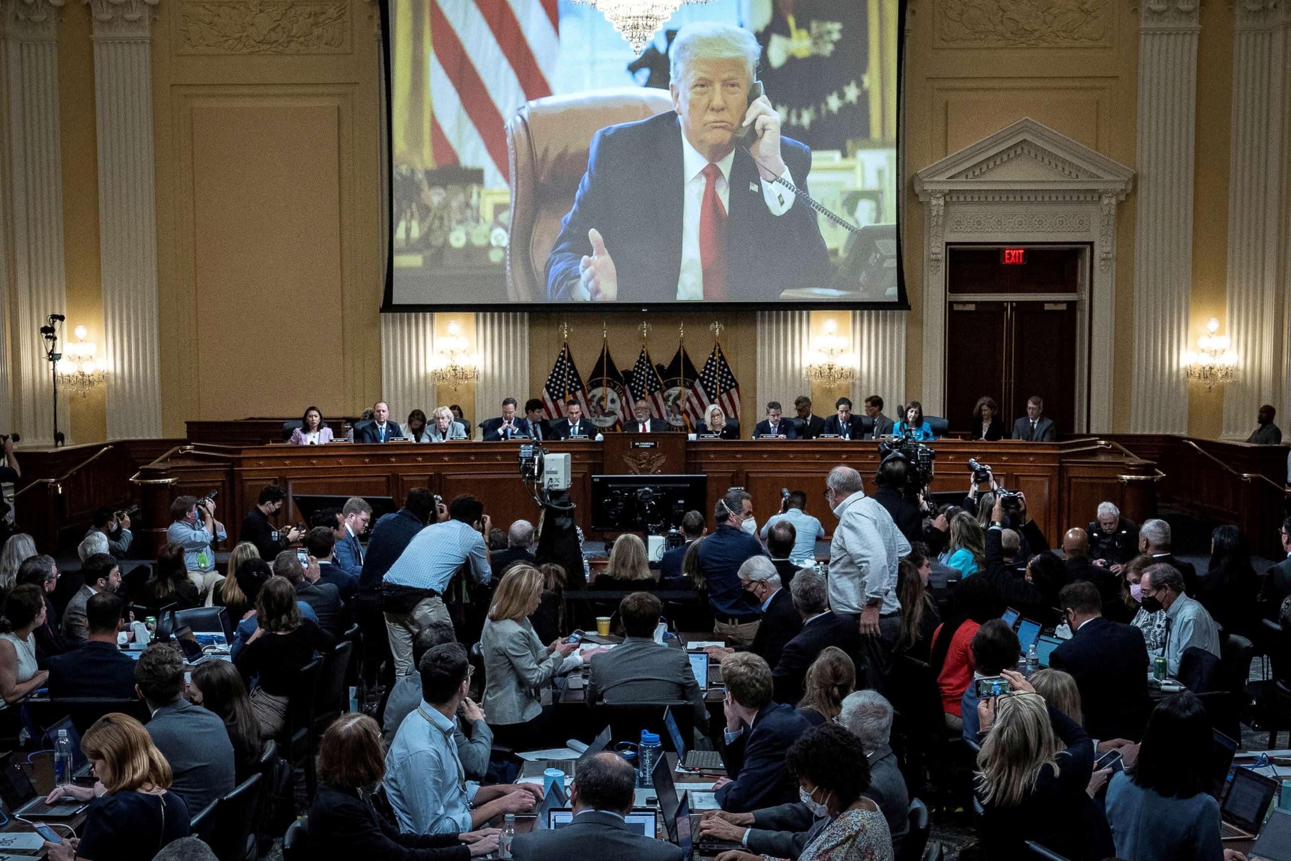 PHOTO: An image of former President Donald Trump is displayed during the third hearing of the House Select Committee to Investigate the January 6th Attack on the Capitol in the Cannon House Office Building, on Capitol Hill, June 16, 2022.