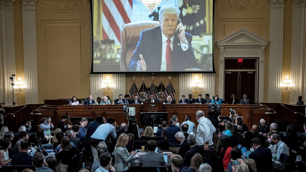 PHOTO: An image of former President Donald Trump is displayed during the third hearing of the House Select Committee to Investigate the January 6th Attack on the Capitol in the Cannon House Office Building, on Capitol Hill, June 16, 2022.