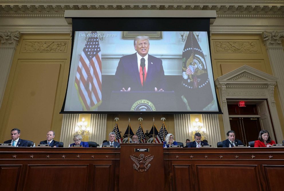 PHOTO: A video of former President Donald Trump is played during a hearing by the House Select Committee to Investigate the January 6th Attack on the U.S. Capitol, Oct. 13, 2022, in Washington.