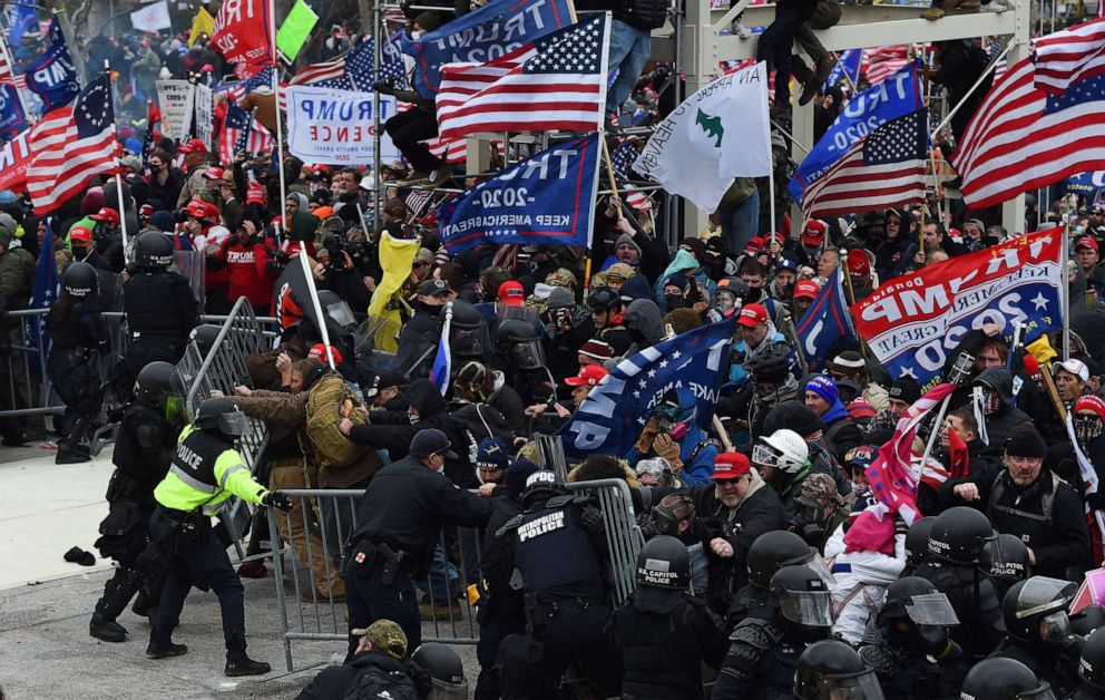 PHOTO: Trump supporters clash with police and security forces as they push barricades to storm the Capitol, Jan. 6, 2021.