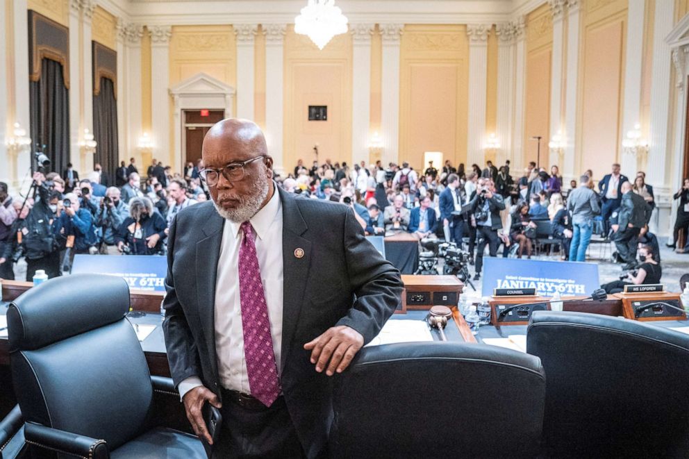 PHOTO: Chairman Bennie Thompson departs during a break as the House select committee investigating the Jan. 6 attack on the US Capitol holds a hearing, Oct. 13, 2022, in Washington.