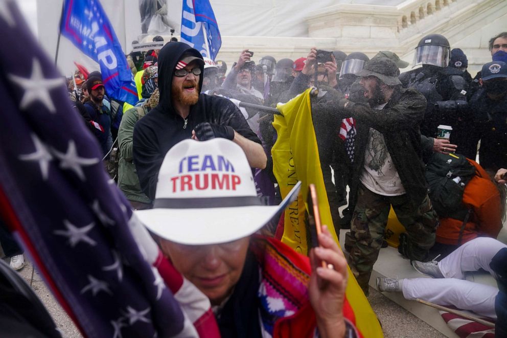 PHOTO: Supporters of President Donald Trump try to break through a police barrier at the U.S. Capitol in Washington, Jan. 6, 2021.