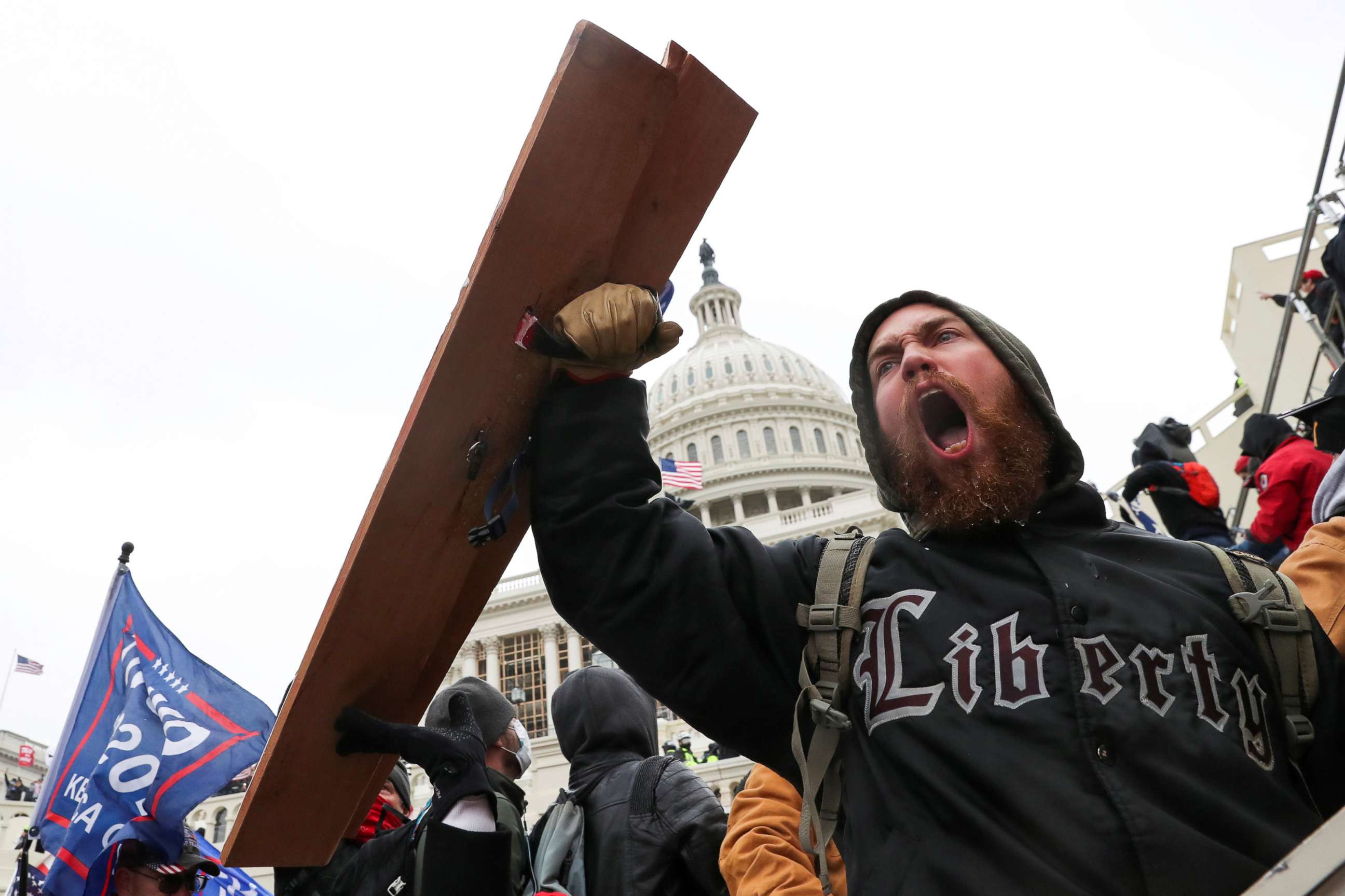 PHOTO: A man shouts as supporters of President Donald Trump gather in front of the U.S. Capitol Building in Washington, Jan. 6, 2021.