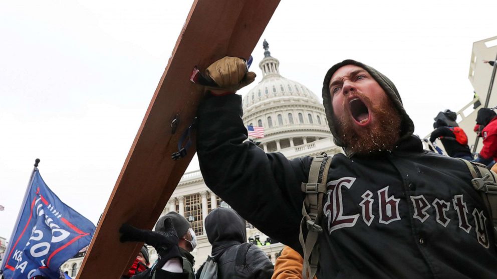 PHOTO: A man shouts as supporters of President Donald Trump gather in front of the U.S. Capitol Building in Washington, Jan. 6, 2021.