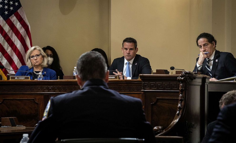 L-R, Rep. Liz Cheney, Rep. Adam Kinzinger, and Rep. Jamie Raskin listen as Metropolitan Police Department Officer Michael Fanone testifies at a Select Committee to Investigate the January 6th Attack hearing on the U.S. Capitol in Washington,July 27, 2021.