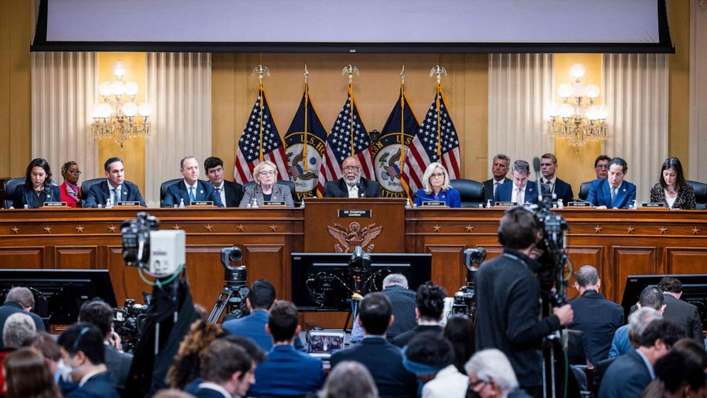 PHOTO: Members of the House Select Committee to Investigate the January 6 Attack on the US Capitol hold its last public hearing in the Canon House Office Building on Capitol Hill in Washington, DC on December 19, 2022.