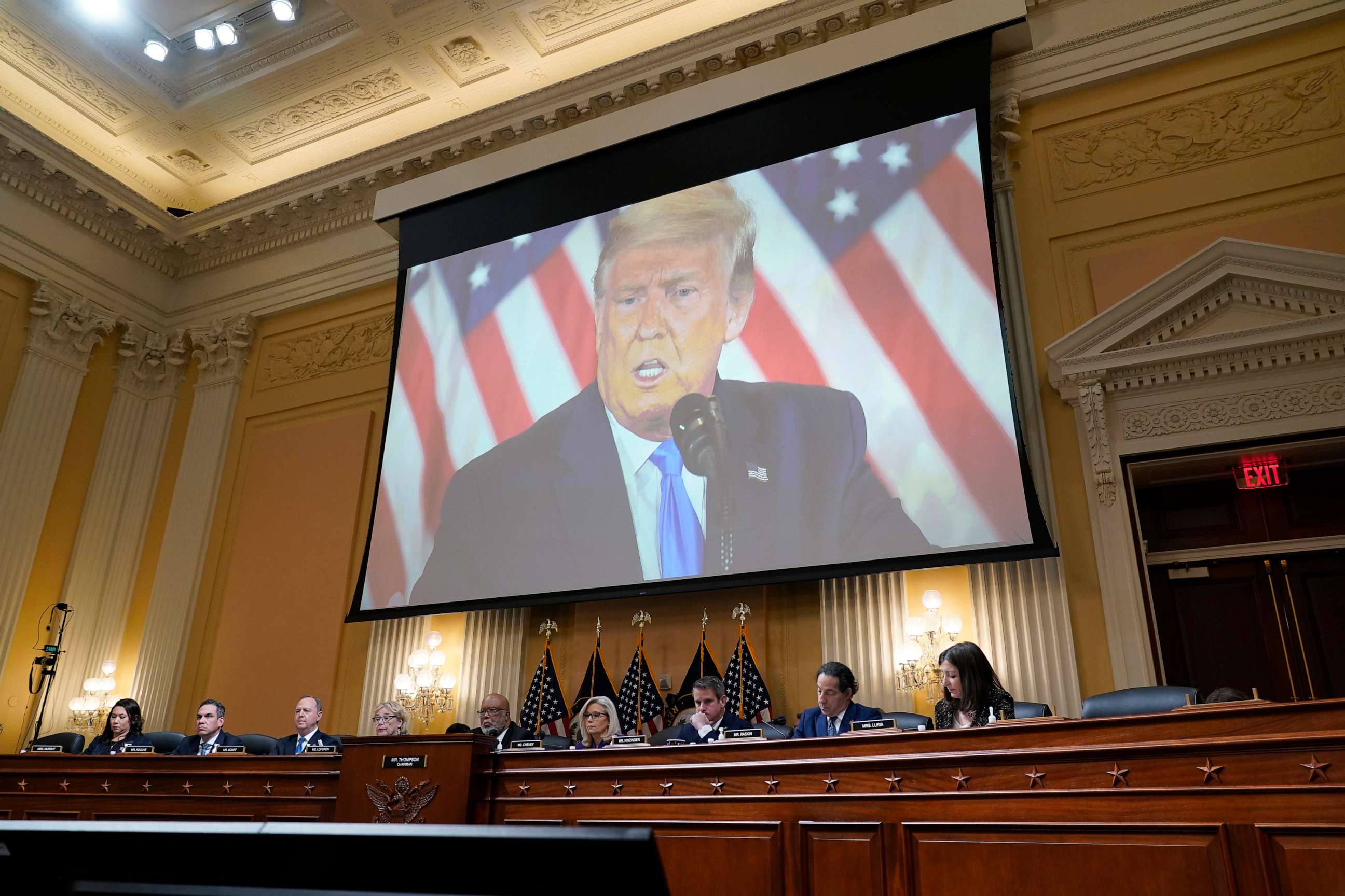 PHOTO: A video of former President Donald Trump is shown on a screen, as the House select committee investigating the Jan. 6 attack on the U.S. Capitol holds its final meeting on Capitol Hill in Washington, Dec. 19, 2022.