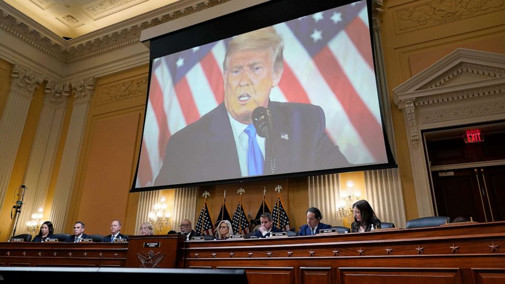 PHOTO: A video of former President Donald Trump is shown on a screen, as the House select committee investigating the Jan. 6 attack on the U.S. Capitol holds its final meeting on Capitol Hill in Washington, Dec. 19, 2022.